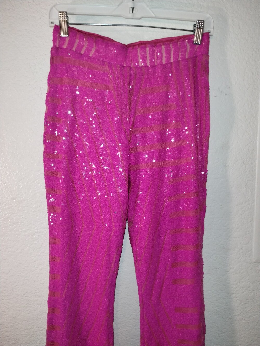 Hot Pink Sequin Knit Pants Sheer Accents size Medium